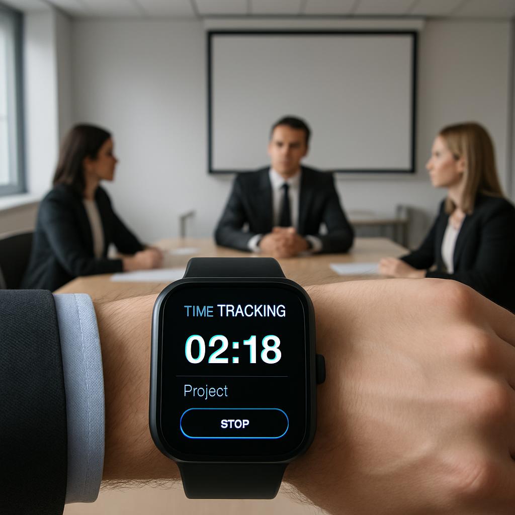 A business team sits around a table, focusing on a presentation from the projector screen on the wall. In the foreground, ...