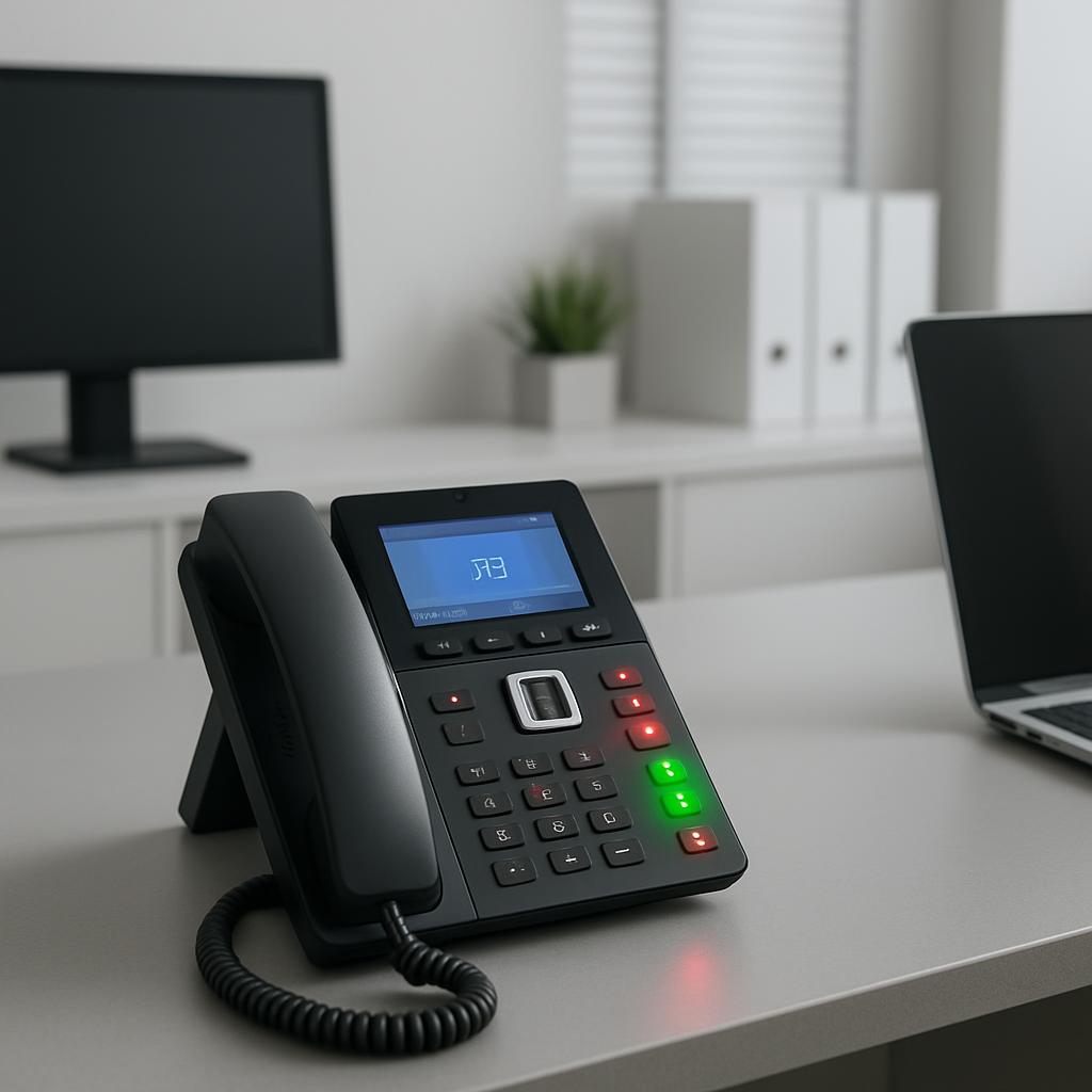 Here is the alt text no more than 100 characters: An office phone attached to a white desk with a laptop on the right.