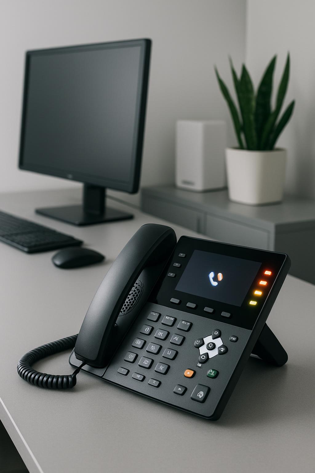 A phone, Apple Mac Mini computer, and monitor are on a white desk in an office.