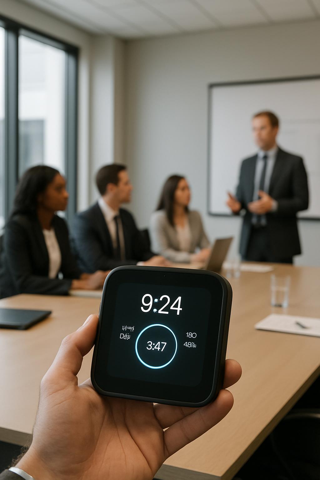 A person holds up a smartwatch, displaying a black face with light blue lines, to an attentive audience seated around a co...