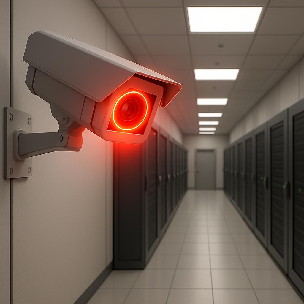 Initial red error on server camera in hallway of connected servers, warning of a potential hacking violation or other secu...